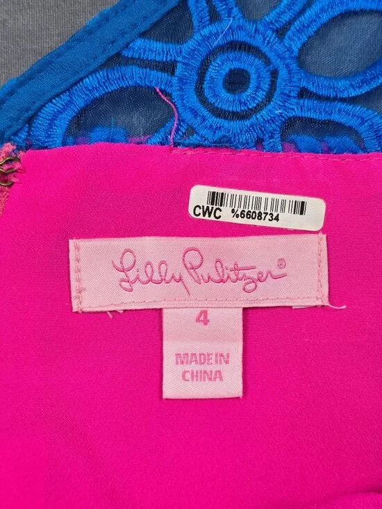 Lilly Pulitzer Selna Sheath Mambo Pink Royce Blue Floral Eyelet Dress Size 4 - Picture 4 of 6
